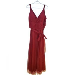 A-Line Midi Dress Maroon Tulle Spaghetti Strap Party Cocktail Evening